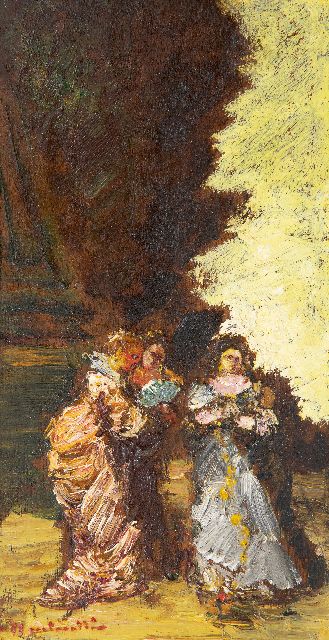 Adolphe Monticelli | Trois femmes dans un parc, olieverf op board op paneel, 29,3 x 16,0 cm, gesigneerd l.o.
