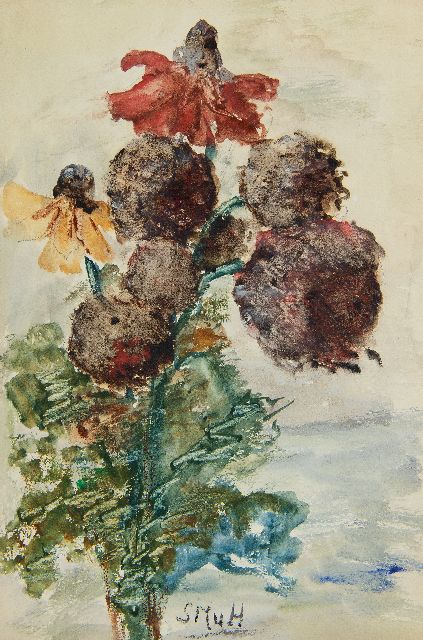 Sientje Mesdag-van Houten | Tuinboeketje met rudbeckia's, aquarel op papier, 27,3 x 18,2 cm, gesigneerd m.o. met initialen
