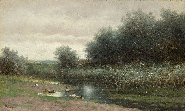 Hendrikus Alexander van Ingen | Plaslandschap met visser, olieverf op doek, 30,7 x 50,2 cm, gesigneerd l.o.