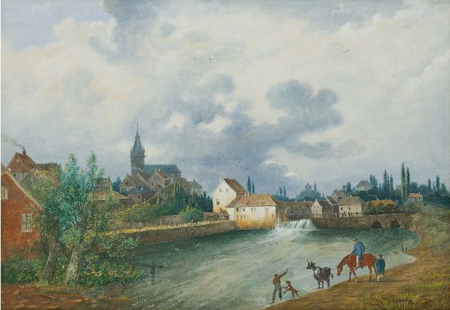 Henri Knip | Stadsgezicht met snelstromende rivier (mogelijk Zwitserland), aquarel op papier, 49,5 x 72,7 cm, gesigneerd r.o.