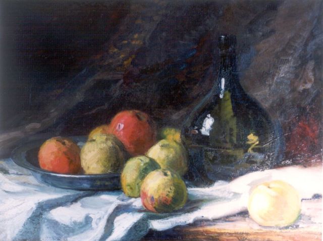 Hemelman A.  | Stilleven met appels en fles, olieverf op doek 47,0 x 62,0 cm, gesigneerd r.o.