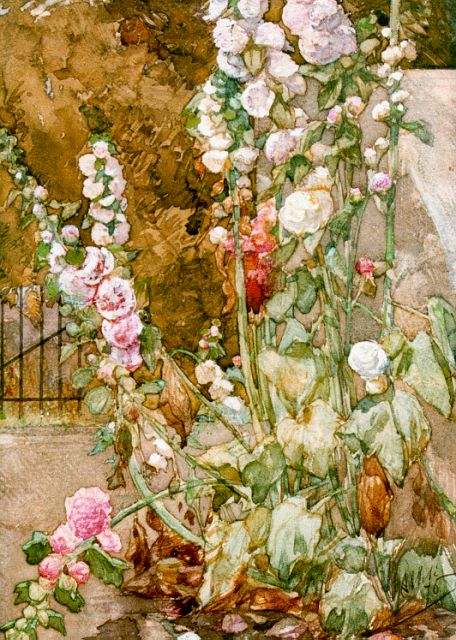 August Allebé | Stokrozen, aquarel op papier, 35,0 x 25,0 cm, gesigneerd r.o. en gedateerd 1876