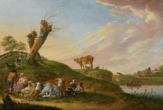 Heinrich Wilhelm Schweickhardt | Herdersfamilie met kudde aan een rivieroever, olieverf op paneel, 33,5 x 47,2 cm, gesigneerd l.o. en gedateerd 1774