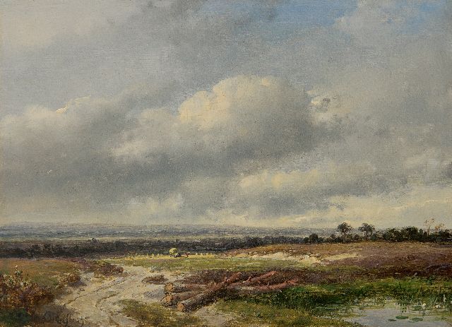 Andreas Schelfhout | Panoramisch landschap onder Hollandse wolkenlucht, olieverf op paneel, 17,8 x 24,0 cm, gesigneerd l.o.