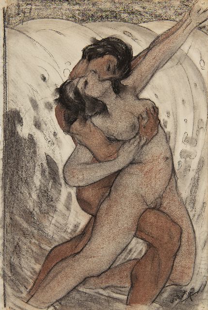 Willem van Dort | De kus, gekleurd krijt op papier, 38,2 x 25,5 cm, gesigneerd r.o.