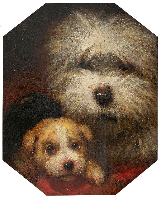 Henriette Ronner | Twee hondenkopjes, olieverf op paneel, 20,8 x 17,0 cm, gesigneerd r.o. met monogram