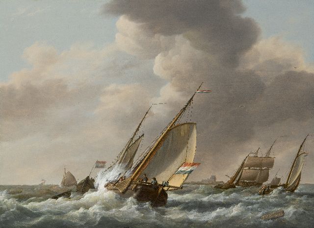 Johannes Hermanus Koekkoek | Laverende schepen in een stevige bries, olieverf op paneel, 35,7 x 48,3 cm, gesigneerd r.o.