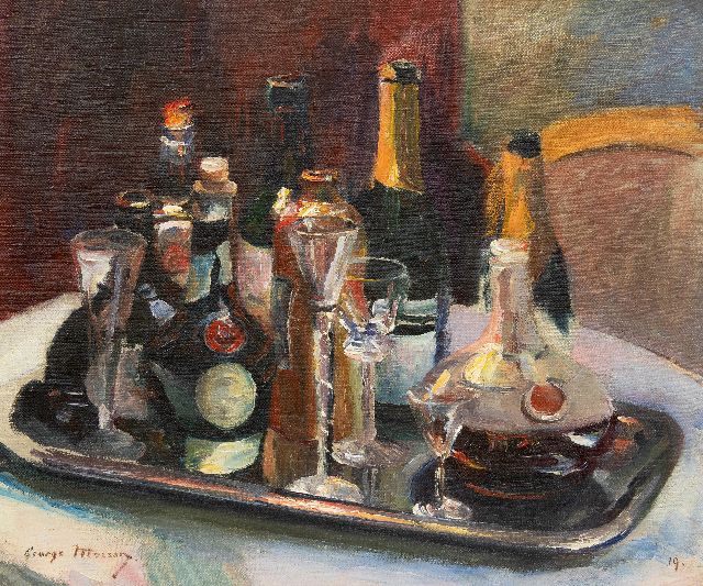 Mosson G.  | Stilleven met Dom Bénédictine likeur, flessen en glazen, olieverf op doek 54,7 x 63,1 cm, gesigneerd l.o. en gedateerd '19