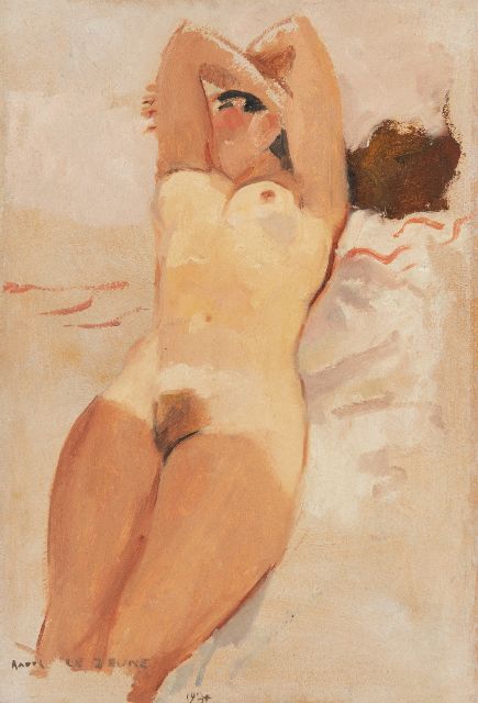 Raoul Lejeune | Zonnebadend naakt, olieverf op doek op paneel, 50,5 x 34,2 cm, gesigneerd l.o. en gedateerd 1934