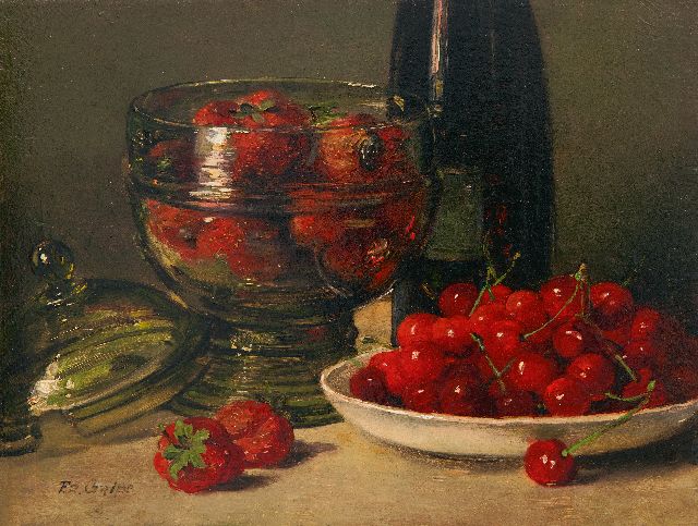 Frits Grips | Stilleven met kersen en aardbeien in glazen pot, olieverf op paneel, 16,0 x 21,1 cm, gesigneerd l.o.