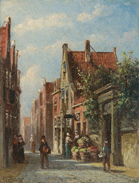 Petrus Gerardus Vertin | Zonnig straatje met groenteverkoopster, olieverf op paneel, 13,4 x 10,2 cm, gesigneerd l.o.