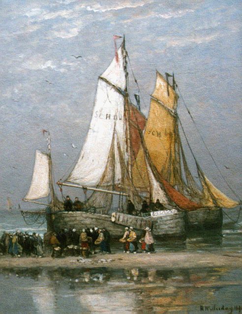 Hendrik Willem Mesdag | Vissersvolk bij bomschuiten op 't Scheveningse strand, olieverf op doek, 88,5 x 69,5 cm, gesigneerd r.o. en gedateerd 1895