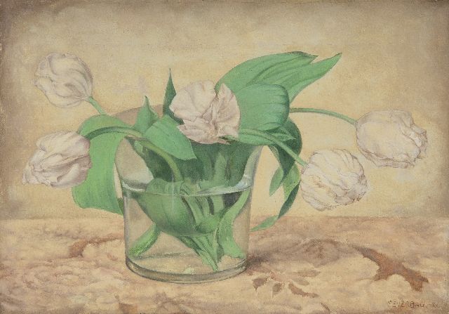 Frans Everbag | Witte tulpen in glazen vaas, olieverf op doek, 23,5 x 33,4 cm, gesigneerd r.o. en gedateerd '26