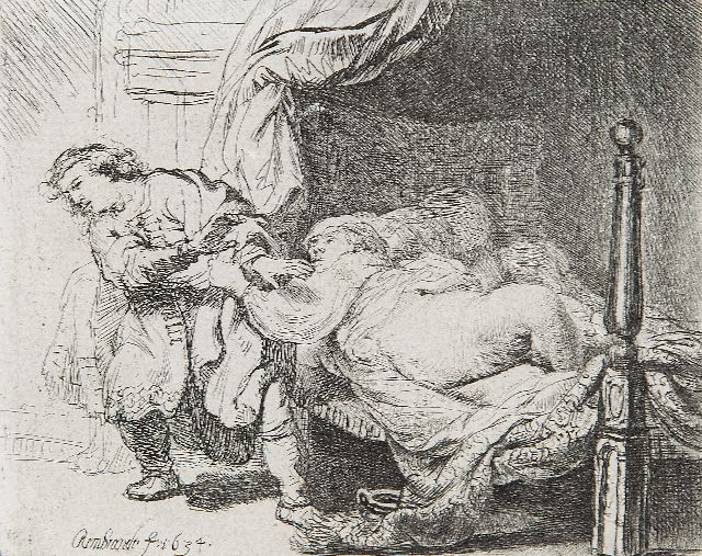 Rembrandt | Josef en de vrouw van Potifar, ets op papier, 9,0 x 11,5 cm, gesigneerd l.o. in de plaat en gedateerd in de plaat 1634