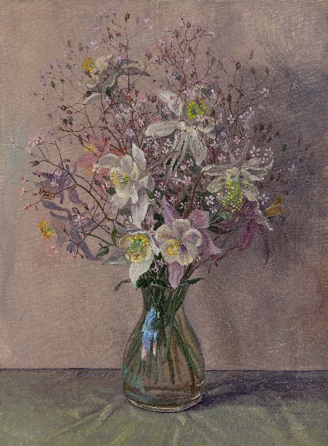 Jakob Nieweg | Bloemen in glazen vaas, olieverf op doek, 40,3 x 30,4 cm, gesigneerd r.o. met monogram en gedateerd 1943