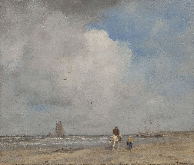 Jacob Maris | Boten en vissers op het strand, olieverf op doek, 46,8 x 55,5 cm, gesigneerd r.o. en te dateren 1890-1895
