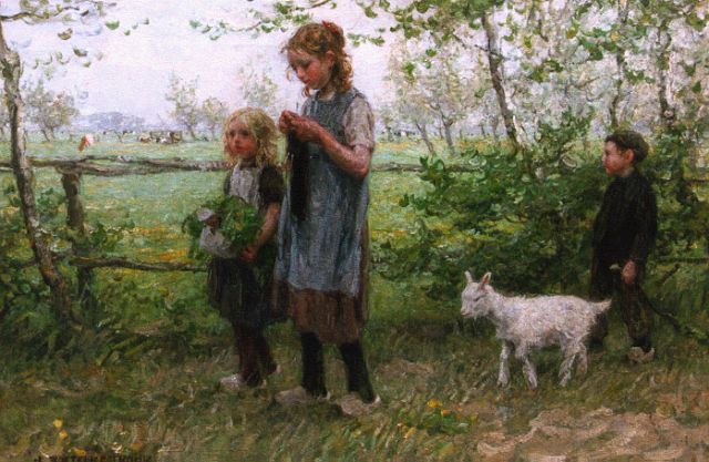 Jan Zoetelief Tromp | Kinderen met geitje in Blaricum, olieverf op doek, 69,0 x 95,0 cm, gesigneerd l.o.