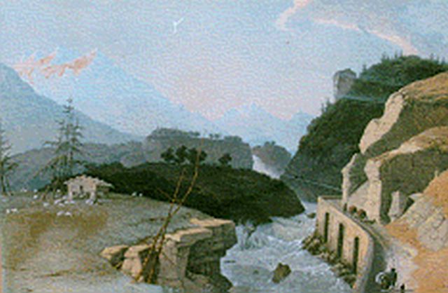 Knip J.A.  | Eerste brug naar den Simplon, gouache op papier 43,0 x 58,2 cm, gesigneerd niet