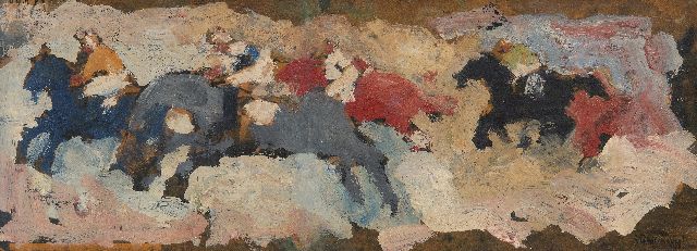 Jan Stekelenburg | Paardenrace, olieverf op board, 16,2 x 44,1 cm, gesigneerd r.o.