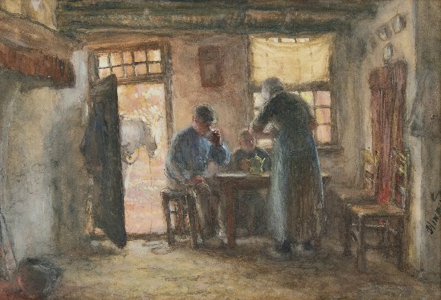 Bernard Blommers | Het wachtende paard - boerenfamilie rond de tafel, aquarel op papier, 37,6 x 54,3 cm, gesigneerd r.o.