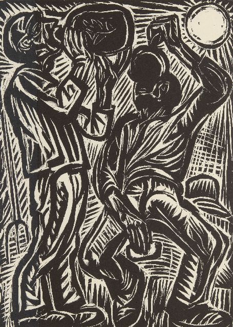 Johan Dijkstra | Drinkende landarbeiders, houtsnede op papier, 50,0 x 37,0 cm