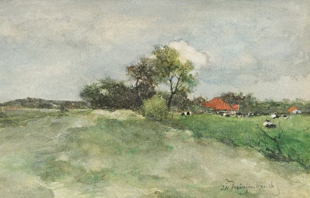Weissenbruch H.J.  | Weide achter de duinen, aquarel op papier 23,5 x 36,3 cm, gesigneerd r.o. en te dateren ca. 1879