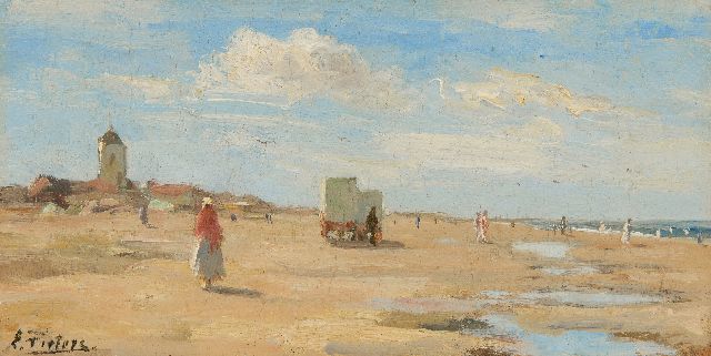 Pieters E.  | Zonnige dag op het strand van Katwijk, olieverf op paneel 13,4 x 26,2 cm, gesigneerd l.o.
