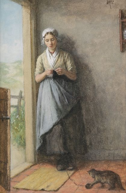 Artz D.A.C.  | Vissersmeisje breiend in de deuropening, aquarel op papier 53,8 x 36,0 cm, gesigneerd r.b. en te dateren ca. 1881