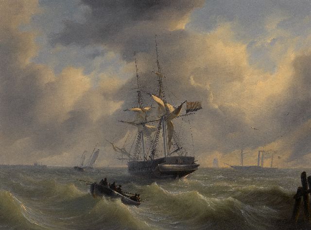 Petrus Paulus Schiedges | Een brik op woelige zee, olieverf op paneel, 38,7 x 51,8 cm, gesigneerd r.o. en gedateerd 1835