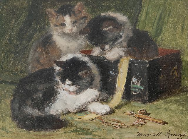 Ronner-Knip H.  | Spelende kittens bij een naaidoos, olieverf op paneel 25,0 x 33,5 cm, gesigneerd r.o. en gedateerd '94