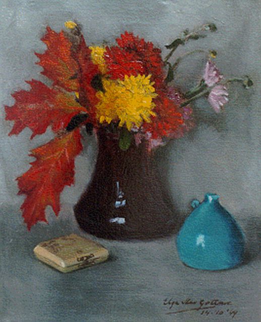 Gottnic E.S. von | Herfstboeket in een vaas, olieverf op doek 30,0 x 24,3 cm, gesigneerd r.o. en gedateerd '49