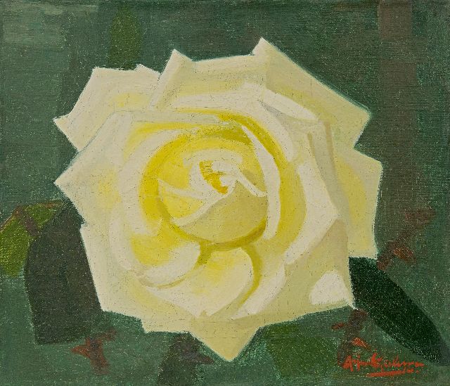 Arjen Galema | Gele roos, olieverf op doek, 25,3 x 29,6 cm, gesigneerd r.o.