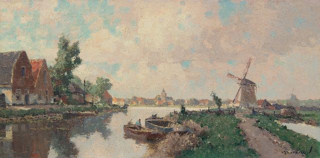 Gerard Delfgaauw | Dorpsgezicht aan een rivier, olieverf op doek, 40,4 x 80,1 cm, gesigneerd r.o. en op spieraam