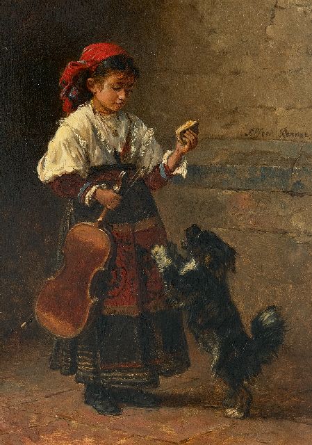 Alfred Ronner | Zigeunermeisje met haar hond, olieverf op paneel, 24,7 x 17,7 cm, gesigneerd r.m.