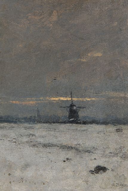 Philip Zilcken | Molen in de sneeuw bij avondschemering, olieverf op paneel, 29,7 x 20,3 cm, gesigneerd r.o. en te dateren ca. 1903