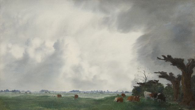 Jan Voerman sr. | Koeien aan de IJssel, olieverf op paneel, 30,9 x 52,0 cm, gesigneerd r.o.