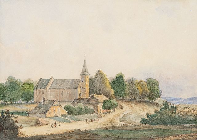 Schelfhout A.  | Kerkdorpje in heuvellandschap, aquarel op papier op board 14,5 x 20,1 cm, gesigneerd r.o.