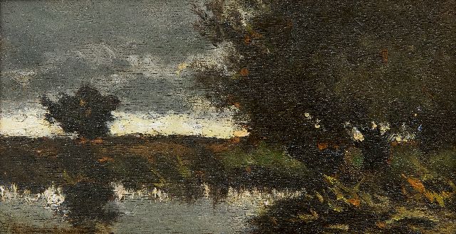 Jan Hendrik Weissenbruch | Polderlandschap bij buiig weer, olieverf op paneel, 9,8 x 18,5 cm, gesigneerd l.o.