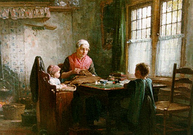 Hendrik Valkenburg | Larens interieur met moeder en kinderen aan tafel, olieverf op doek, 52,0 x 66,0 cm, gesigneerd l.o. en gedateerd '84