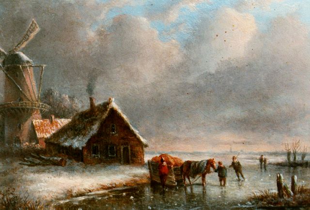 Slingerland A.C.  | Winterlandschap met paardenslee bij een molen, olieverf op paneel 12,6 x 17,6 cm, gesigneerd l.o. initialen