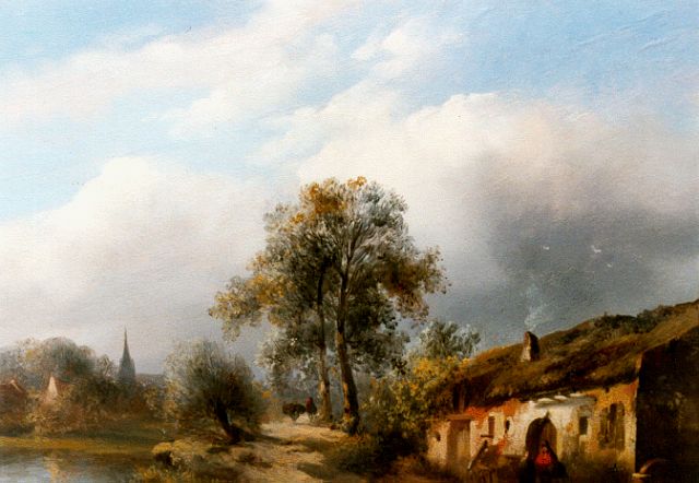 Abraham van der Wayen Pieterszen | Riviergezicht met boerderij en figuren, olieverf op paneel, 22,3 x 28,1 cm, gesigneerd r.o.
