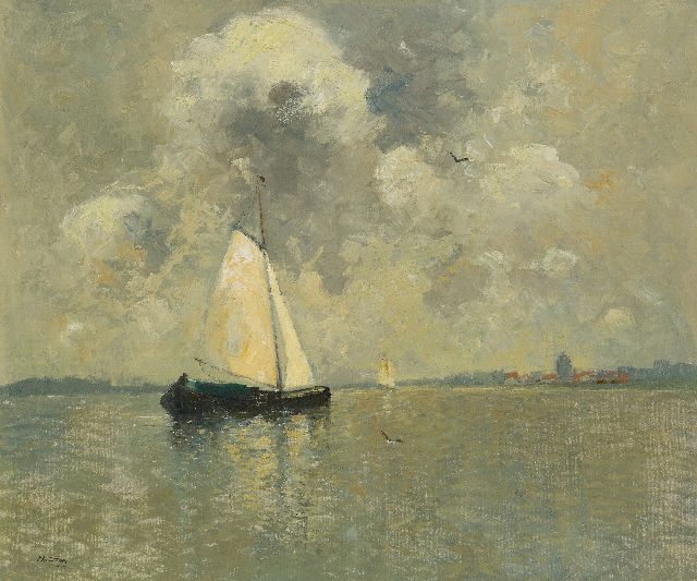 Chris Soer | Zeilende tjalk, olieverf op doek op paneel, 62,5 x 74,9 cm, gesigneerd l.o.