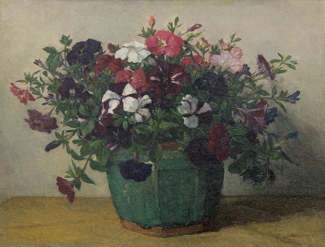 Johannes Evert Akkeringa | Petunia's, olieverf op doek, 33,8 x 44,0 cm, gesigneerd r.o.