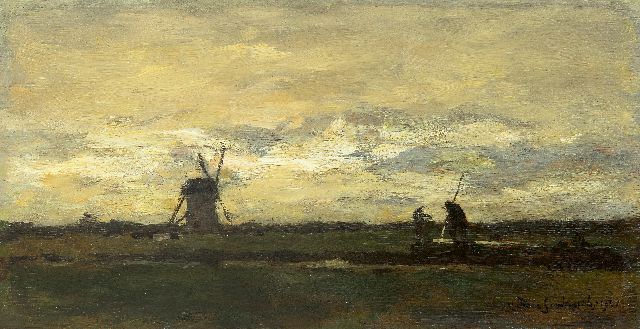 Jan Hendrik Weissenbruch | Landschap met punterende boer en molen, olieverf op paneel, 16,2 x 31,2 cm, gesigneerd r.o. en gedateerd 1901