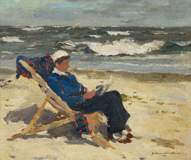 Hambüchen G.  | Lezende vrouw in een strandstoel, olieverf op board 38,4 x 46,0 cm, gesigneerd r.o. en gedateerd '36