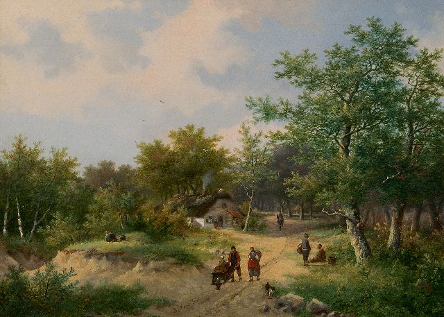 Hendrik Pieter Koekkoek | Boerenvolk op een landweg, olieverf op paneel, 26,8 x 37,2 cm, gesigneerd m.o.