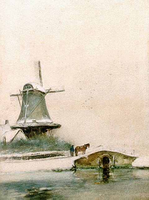 Louis Apol | Winterlandschap met molen, aquarel op papier, 36,1 x 27,1 cm, gesigneerd l.o.