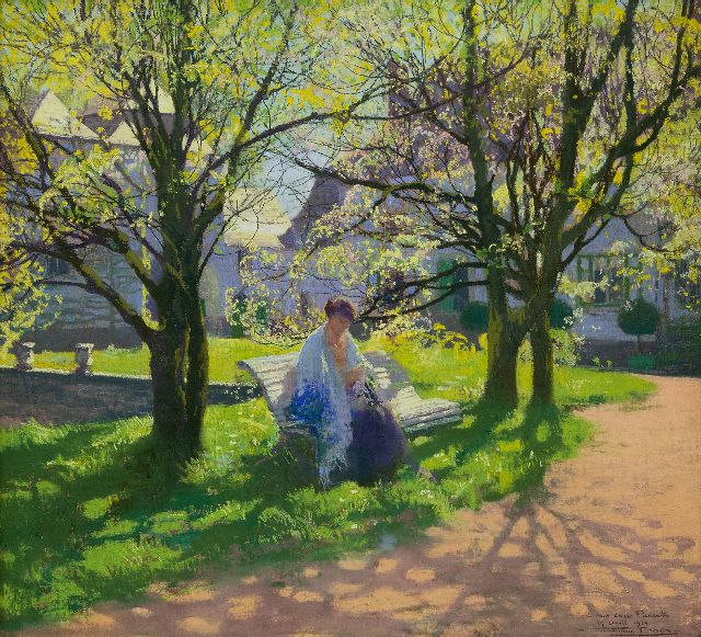 Firmin Baes | Jonge vrouw, breiend in de tuin, pastel op papier, 45,0 x 49,8 cm, gesigneerd r.o. en gedateerd 19 april 1914