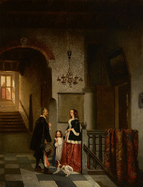 Johannes Anthonie Balthasar Stroebel | Oudhollands binnenhuis met figuren, olieverf op paneel, 49,9 x 41,0 cm, gesigneerd l.o. en gedateerd '91