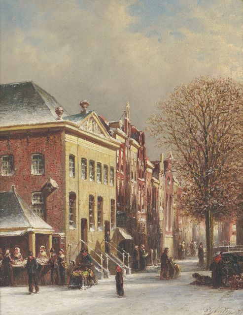 Petrus Gerardus Vertin | Winters straatje in Delft met de visbanken op de hoek met de Voldersgracht, olieverf op paneel, 30,8 x 24,3 cm, gesigneerd r.o. en gedateerd '88